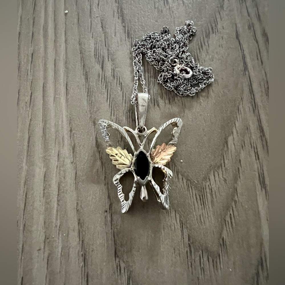 Black Hills Gold Sterling Silver Onyx Butterfly Necklace 18in